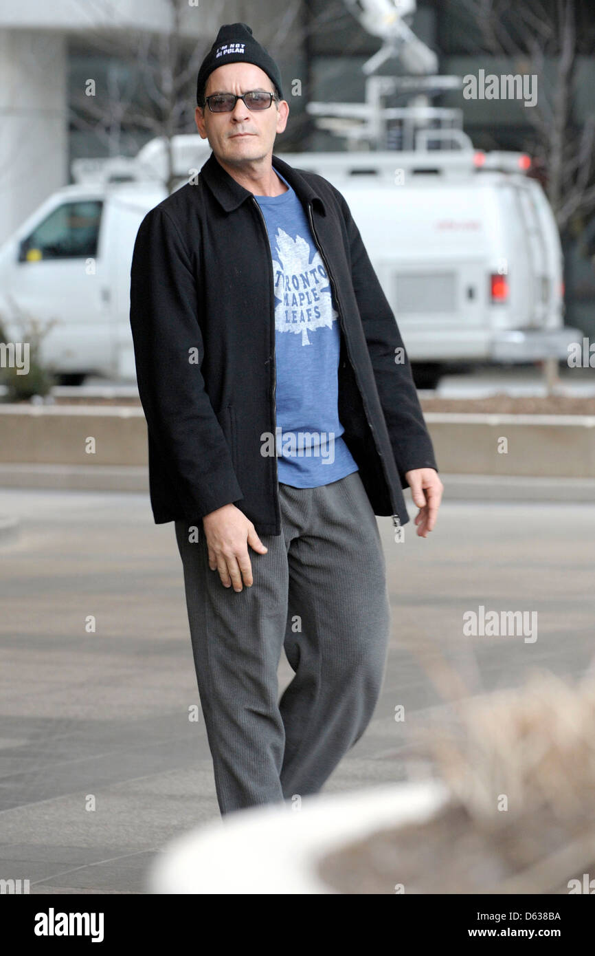 Charlie Sheen departs his hotel and proceeds to walk to Massey Hall as part of his BiPolar Awareness Walk during the Toronto's Stock Photo