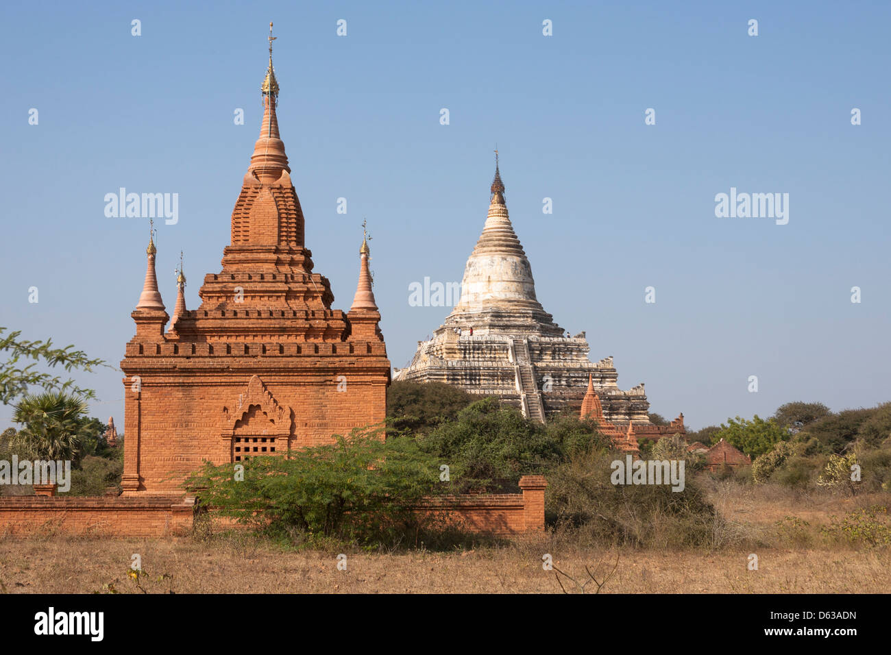 Shwesandaw Pagoda, white pagoda at back, Old Bagan, Bagan, Myanmar, (Burma) Stock Photo