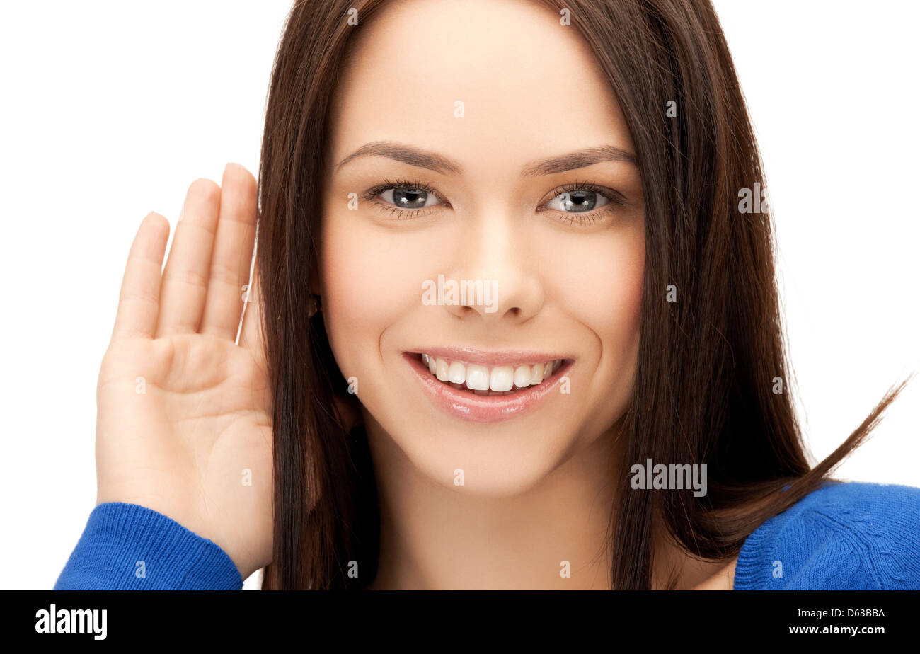 Woman Listener happy woman listening gossip Stock Photo - Alamy
