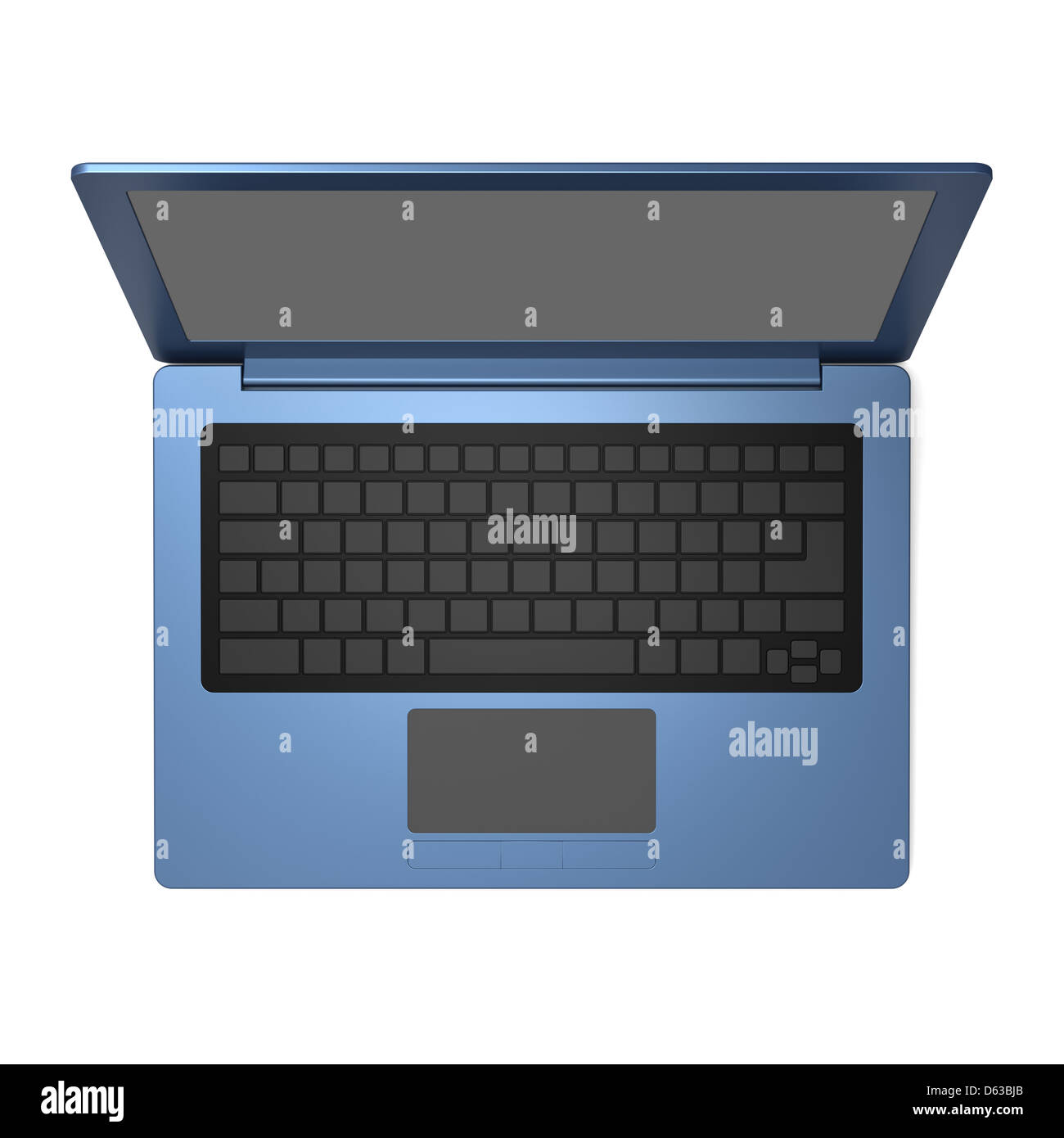 3D model of blue laptop with blank keyboard and simple design on white background Stock Photo