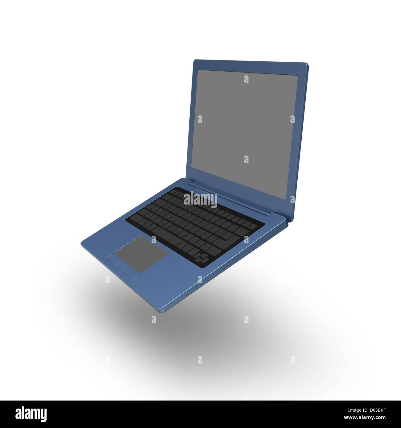 3D model of blue laptop with blank keyboard and simple design on white background Stock Photo