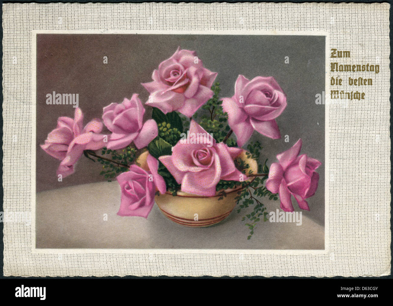 Old German postcard, circa 1965. A vase of roses. Inscription in German