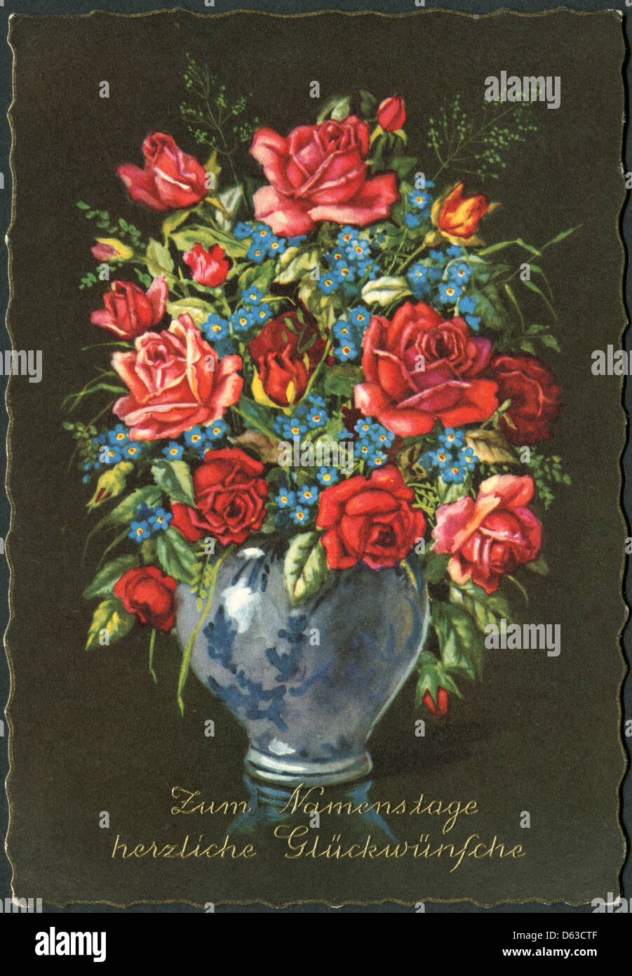 Old German postcard, circa 1959. A vase of roses. Inscription in German