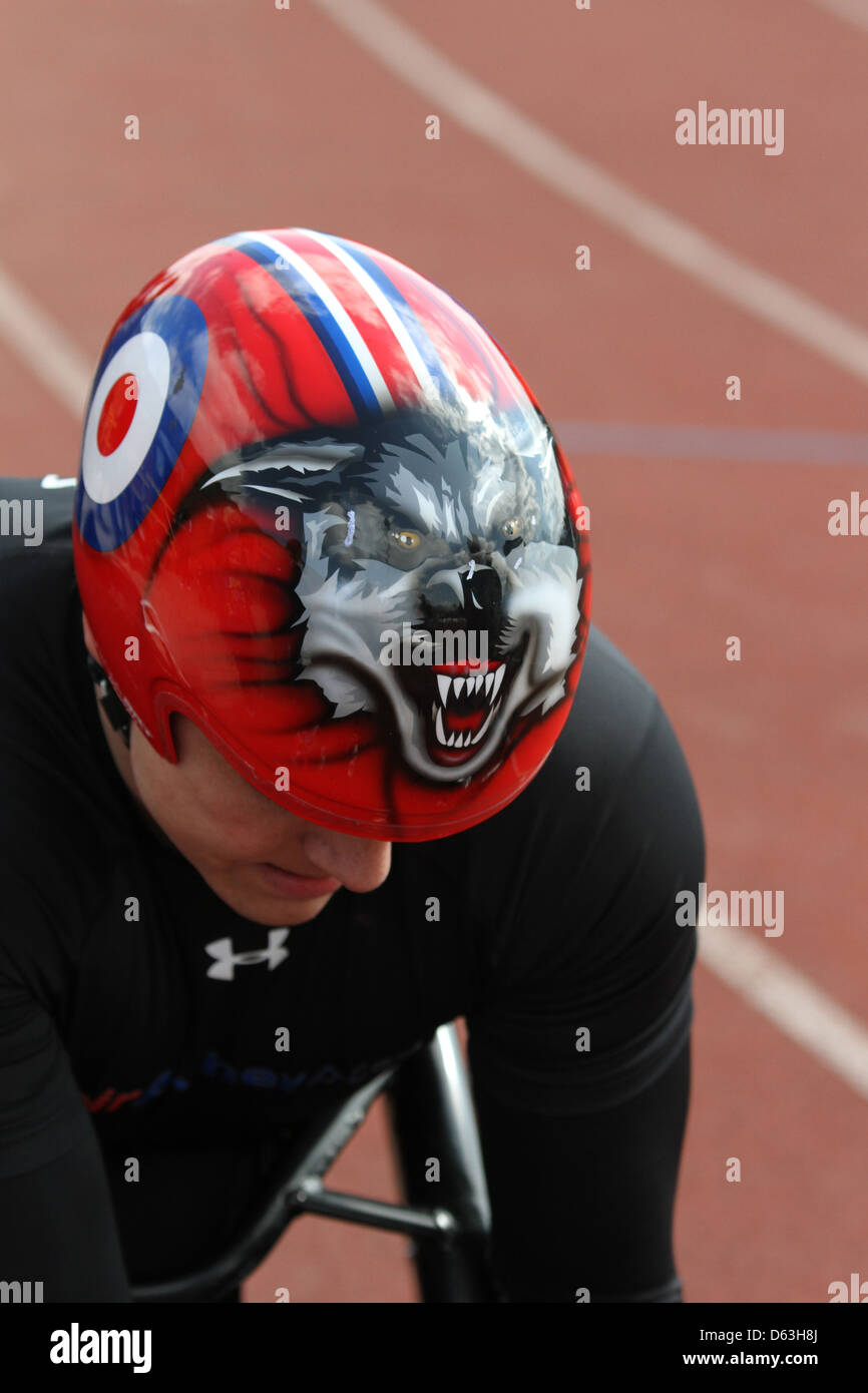 The wheelchair Paralympian David Weir wearing his new racing helmet at the Kingsmeadow track  in Norbiton, London Stock Photo