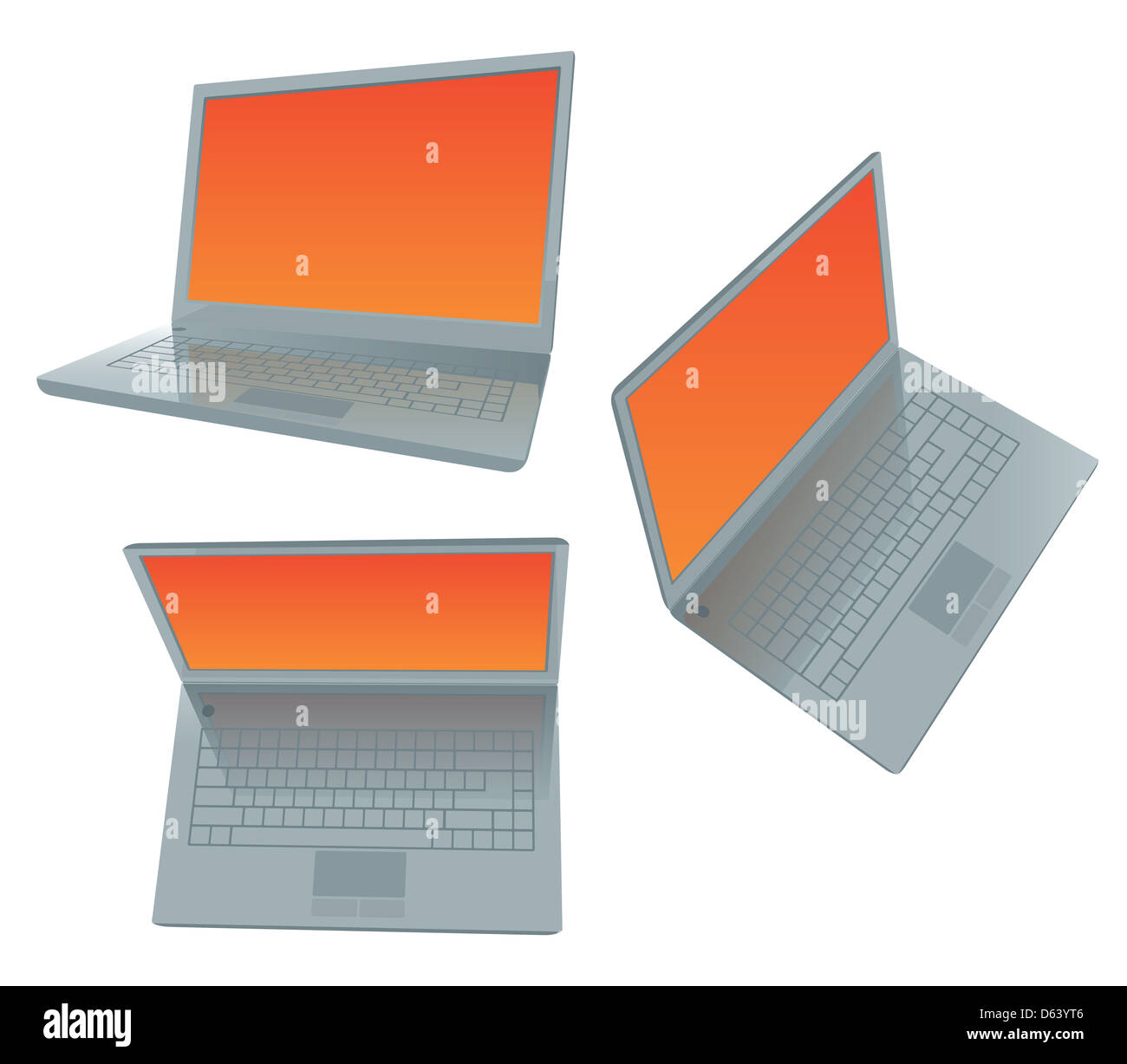 Three laptops with orange screen Stock Photo Alamy