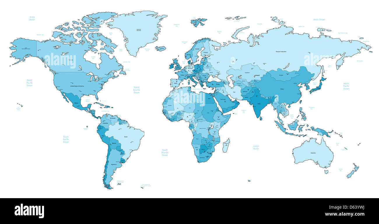 Light blue detailed World map Stock Photo