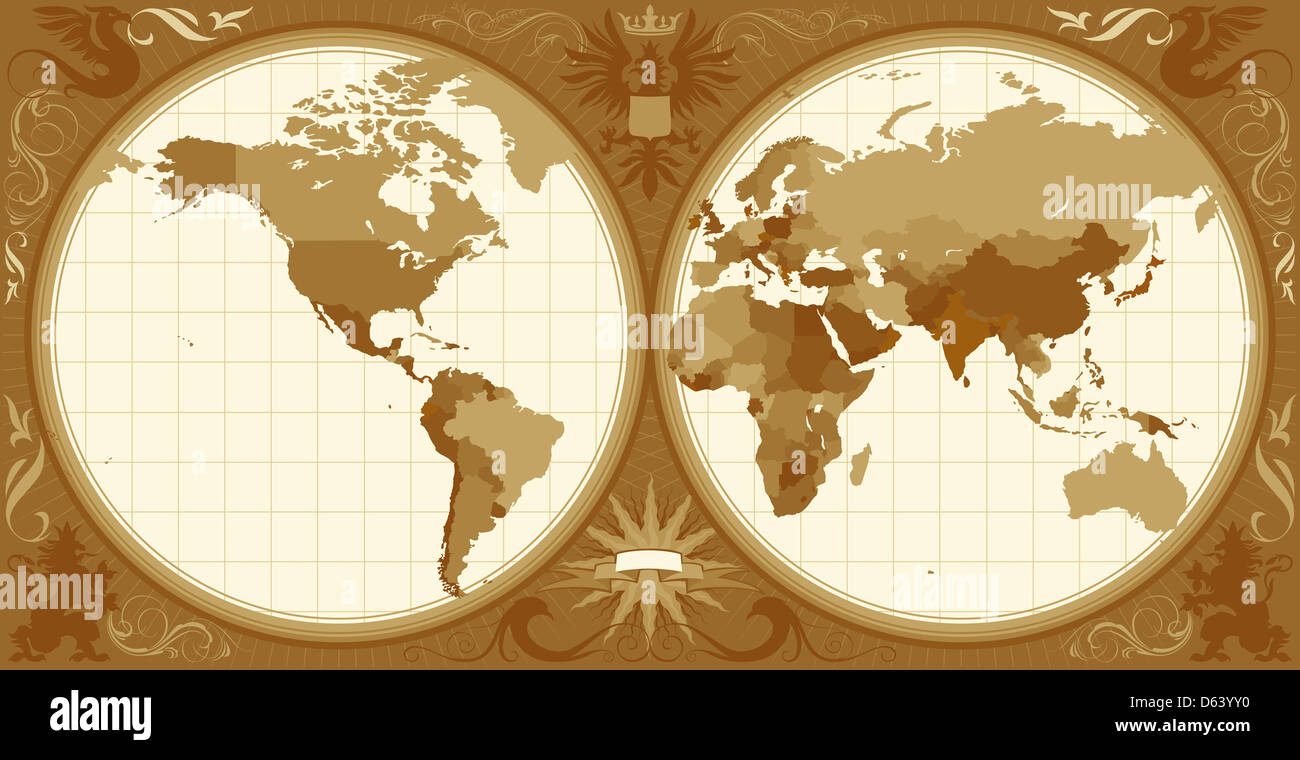 World map with retro-styled hemispheres Stock Photo