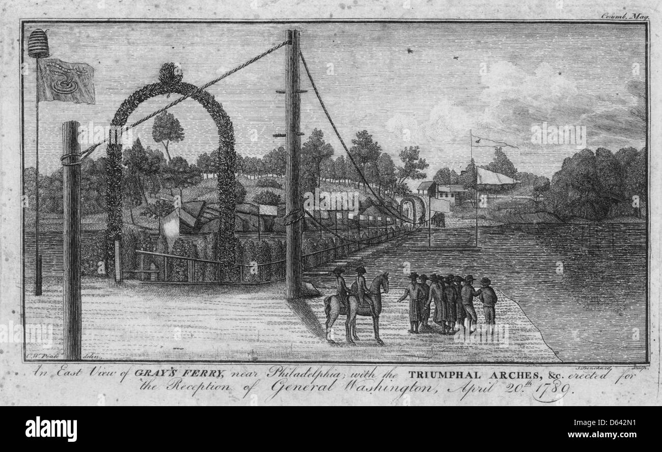 An east view of Gray's Ferry, near Philadelphia - with the triumphal arches, erected for the reception of General Washington, April 20th 1789 Stock Photo