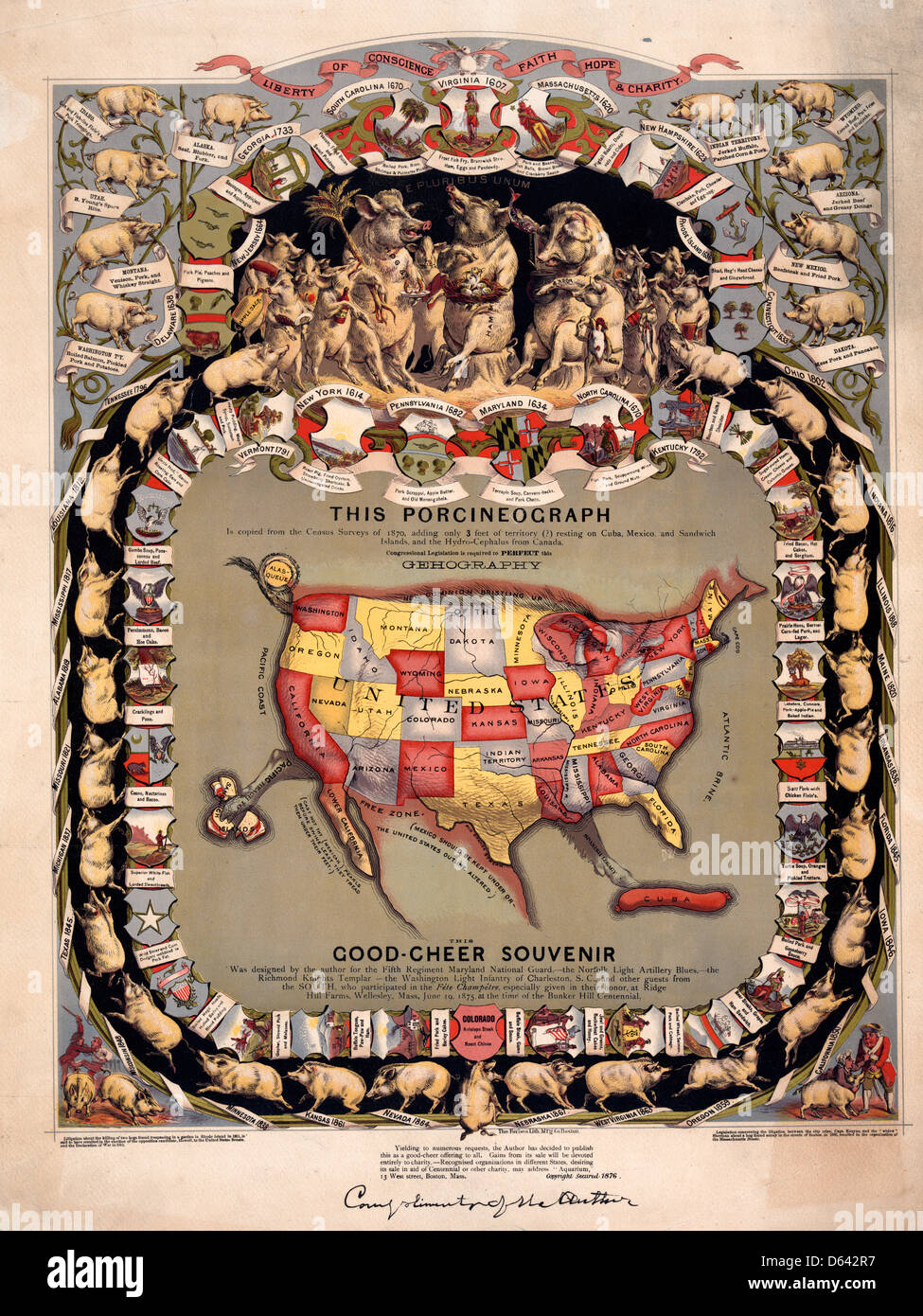 This porcineograph - Map of the United States in shape of a pig, surrounded by pigs representing the different states, with notations of state foods, circa 1876 Stock Photo