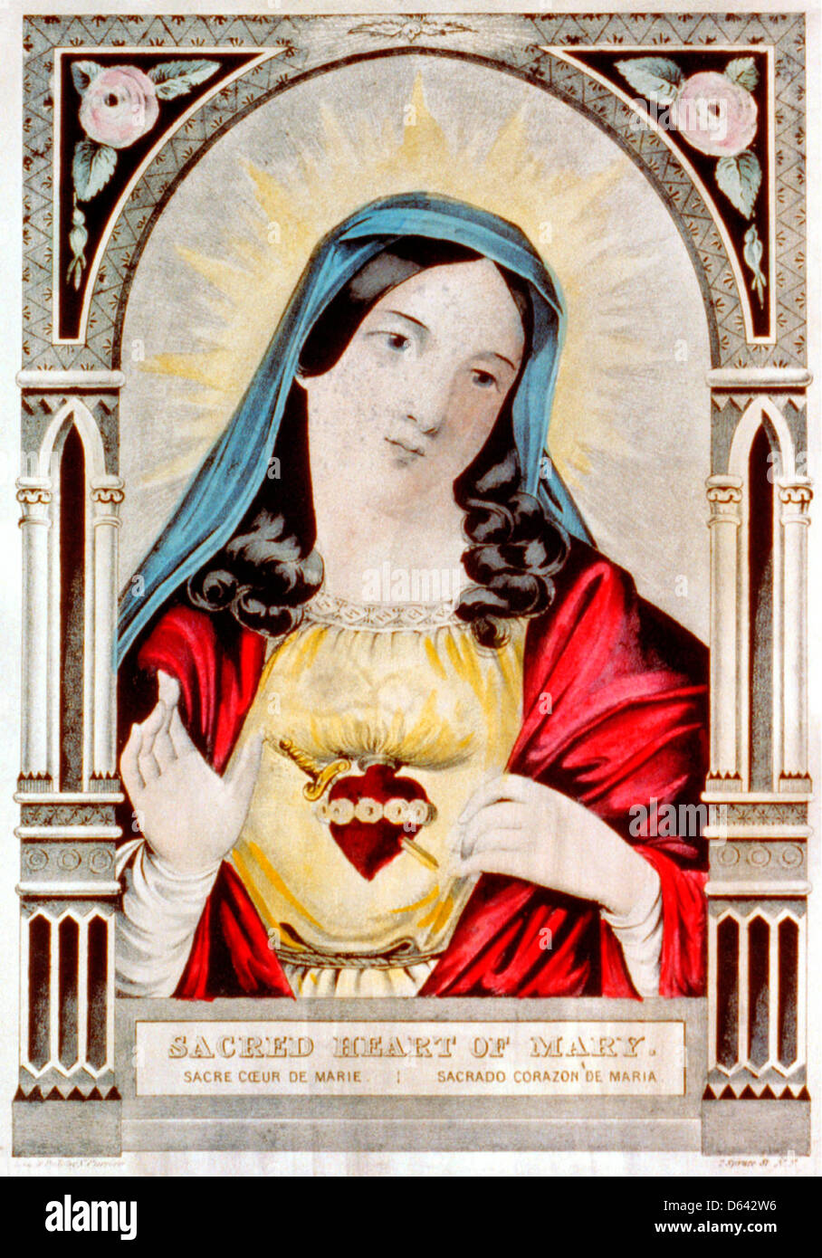Sacred heart of Mary: sacre coeur de Marie / sacrado corazon de Maria - hand colored lithograph circa 1850 Stock Photo