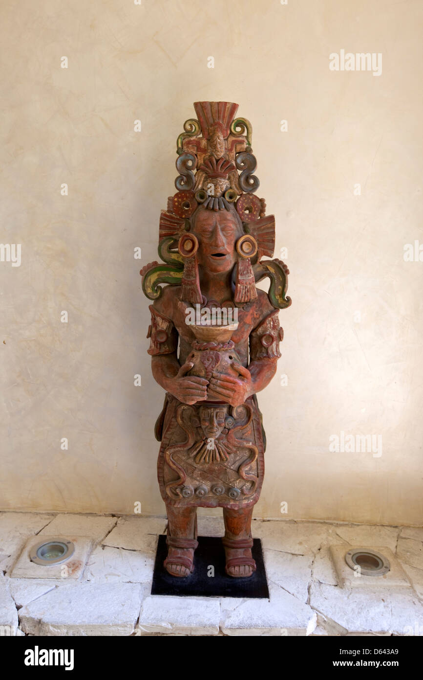 Replica of a Mayan Ceramic Figure Decorating Modern Apartment, Playa del Carmen, Riviera Maya, Yucatan, Mexico. Stock Photo