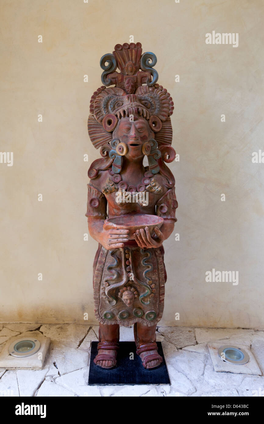 Replica of a Mayan Ceramic Figure Decorating Modern Apartment, Playa del Carmen, Riviera Maya, Yucatan, Mexico. Stock Photo