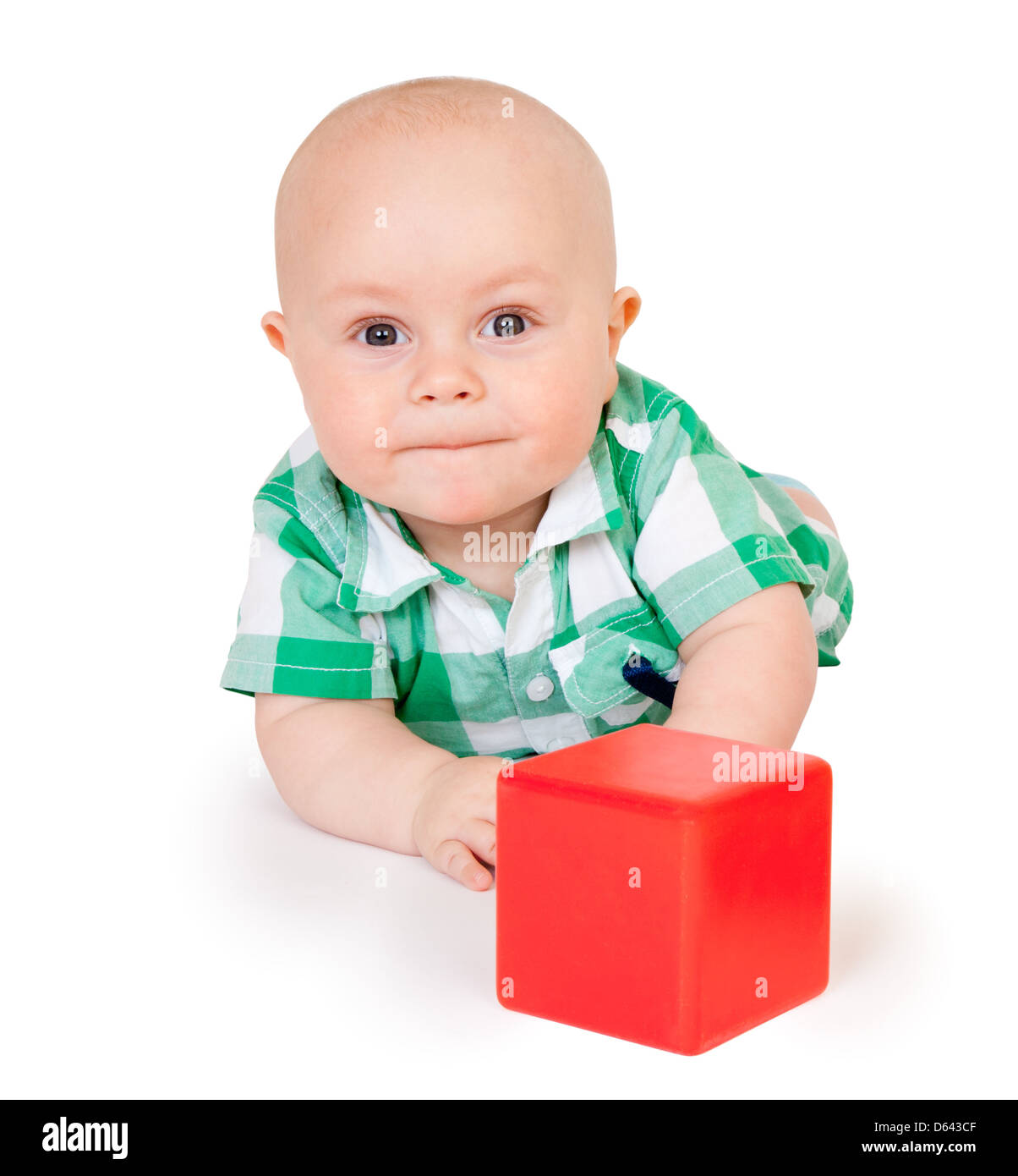 Kid with a red cube Stock Photo