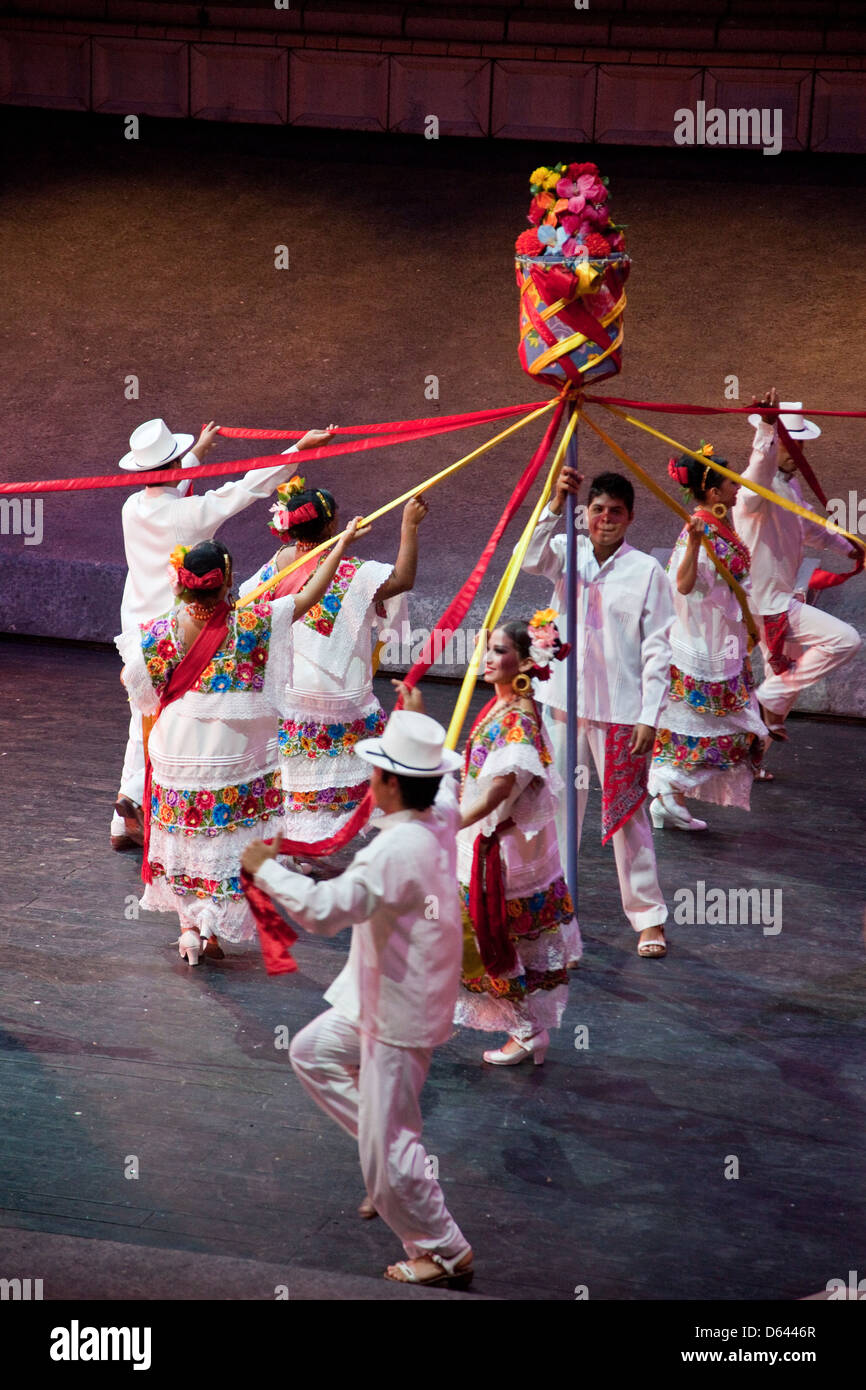 Dancers Perform "the Ribbon Dance", at "Mexico Espectacular", Xcaret, Playa del Carmen, Riviera Maya, Yucatan, Mexico. Stock Photo