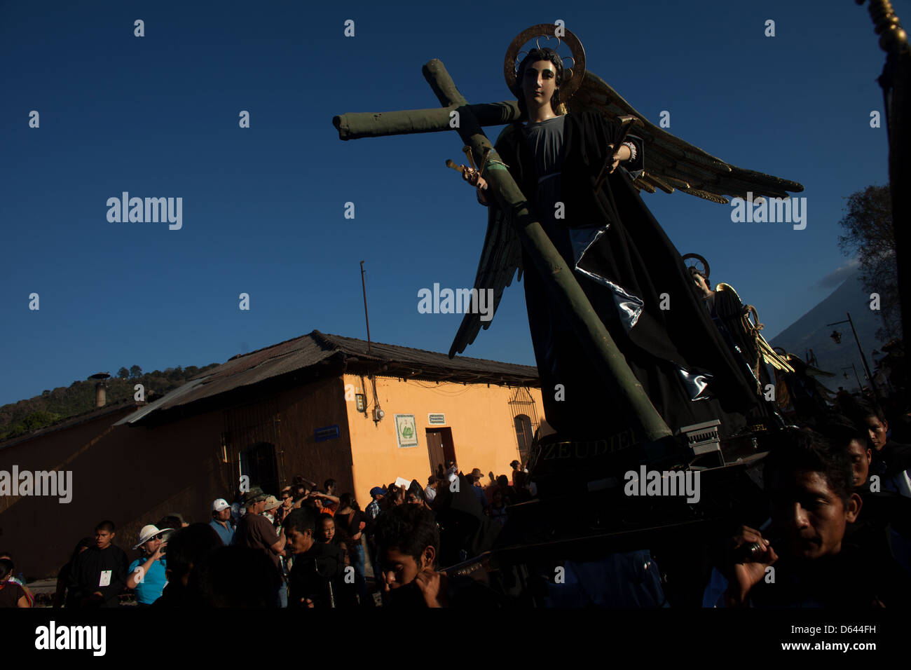 An image of the Archangel Jhudiel is displayed at the Señor Sepultado procession during Easter Holy Week in Antigua Guatemala Stock Photo