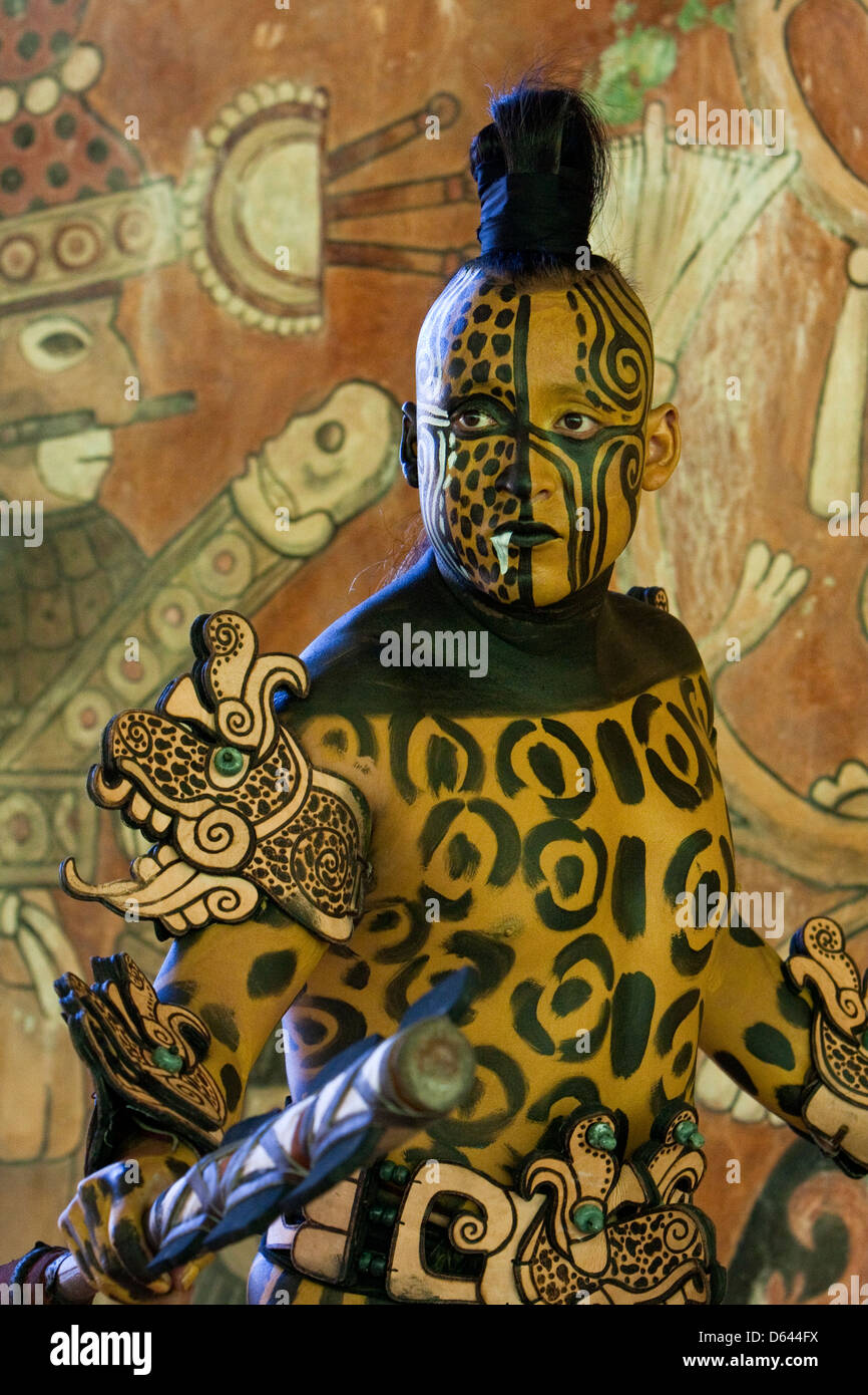 Mayan Dancer Representing Ek Balam, Jaguar, the Warrior. Xcaret, Riviera Maya, Yucatan, Mexico. Stock Photo