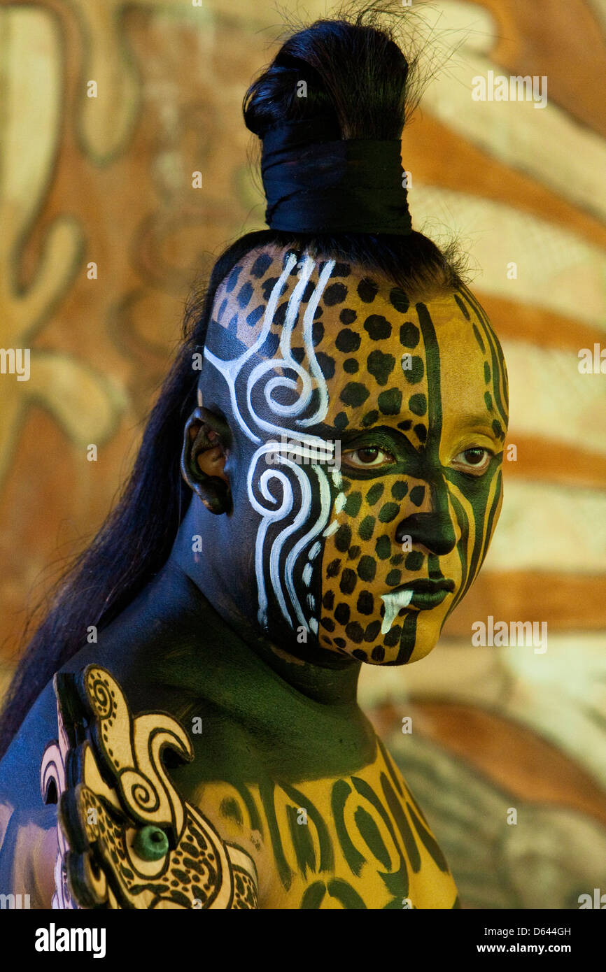 Mayan Dancer Representing Ek Balam, Jaguar, the Warrior. Xcaret, Riviera Maya, Yucatan, Mexico. Stock Photo