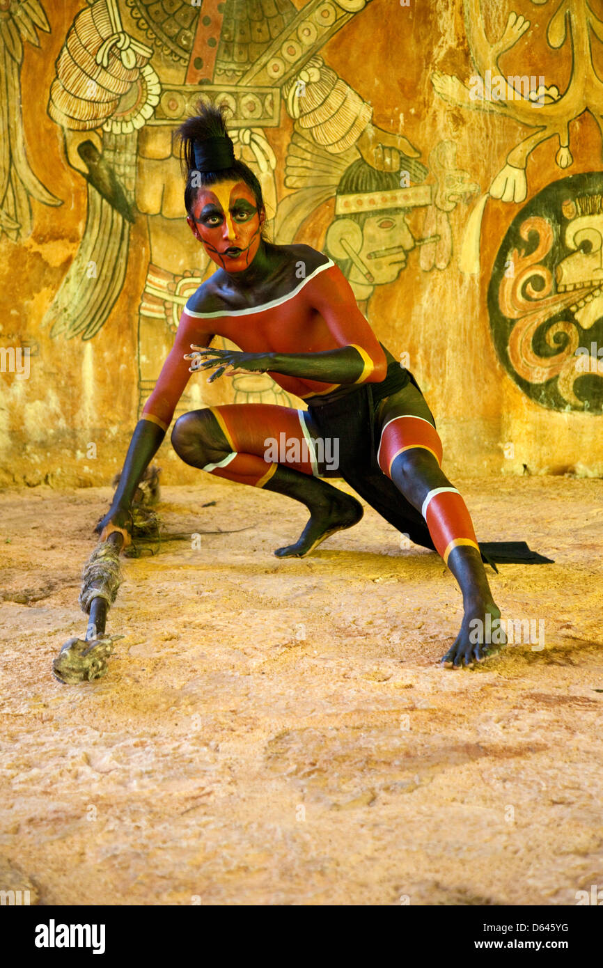 Mayan Dancer Representing a Rattle Snake or Coral Snake. Xcaret, Riviera Maya, Yucatan, Mexico. Stock Photo
