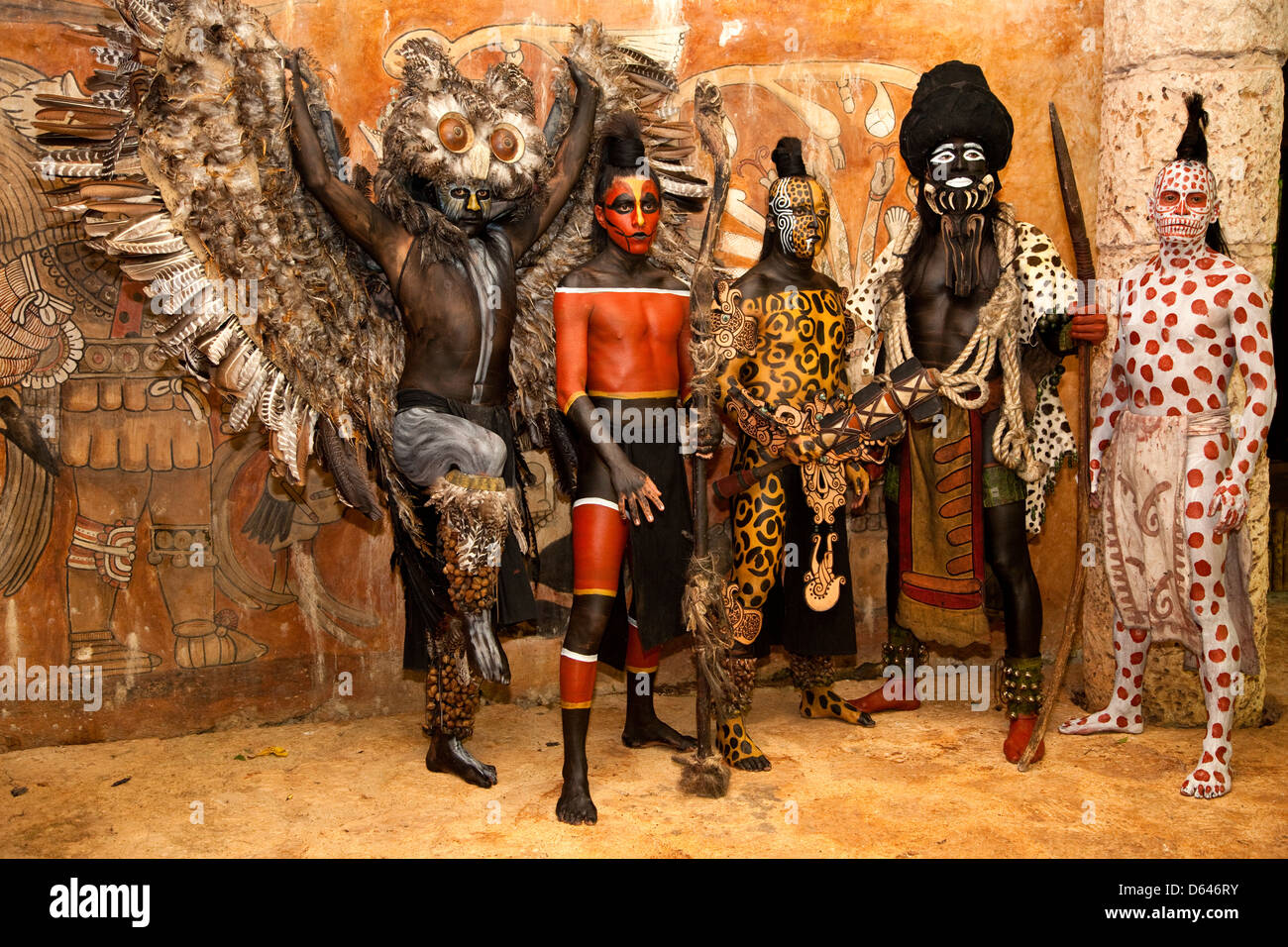 Dancers Representing Mayan Mythological Creatures, see description info. Stock Photo