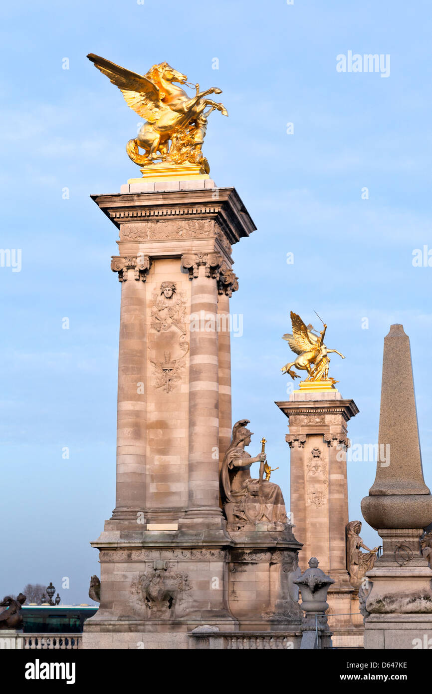 columns and statues of Pont Alexandre iii in Paris Stock Photo