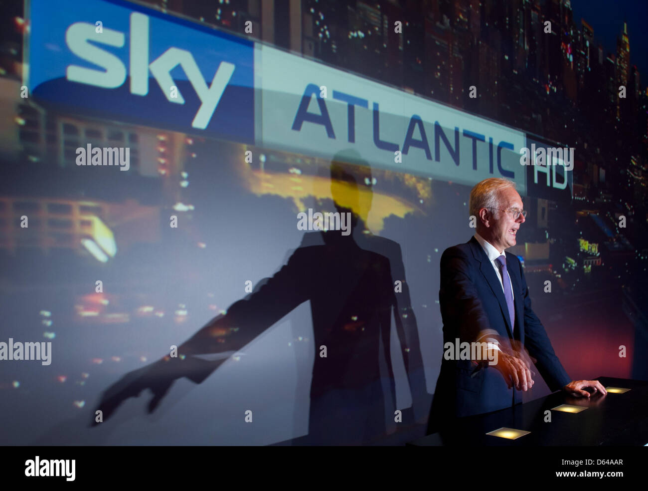 The entertainer and moderator Harald Schmidt, attends the presentation of the new pay tv platform Sky Atlantic HD in Hamburg, Germany, 23 May 2012. The new HD channel brings the US channel HBO to Germany. Photo: Christian Charisius Stock Photo