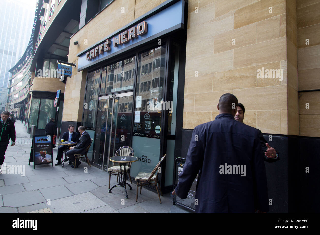 A Caffè Nero coffee shop located on London Wall, in the heart of London’s financial district, offering hot beverages and casual dining for commuters and city workers, London UK Stock Photo