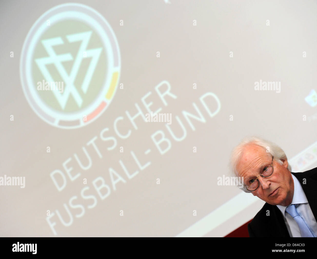 Goetz Eilers, presiding judge of the DFB sport court,  at the German Football Association (DFB) headquarters in Frankfurt am Main, Germany, 25 May 2012. The court decides whether to admit Hertha Berlin's objection against the court's initial rejection of the Berlin soccer club's contest of the result of the second leg relegation match against Fortuna Duesseldorf, which had ended wi Stock Photo