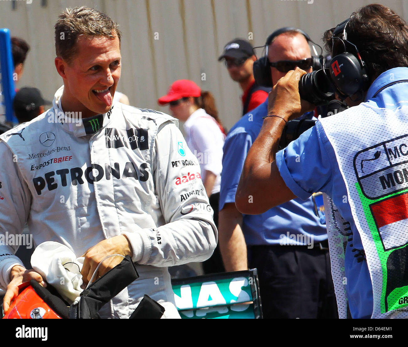 German Formula One driver Michael Schumacher of Mercedes AMG reacts after he clocked the fastest time in the Qualifying session at the F1 race track of Monte Carlo, Monaco, 26 May 2012. The Grand Prix will take place on 27 May. Photo: Jens Buettner dpa (ACHTUNG: Wiederholung mit verändertem Bildausschnitt)  +++(c) dpa - Bildfunk+++ Stock Photo