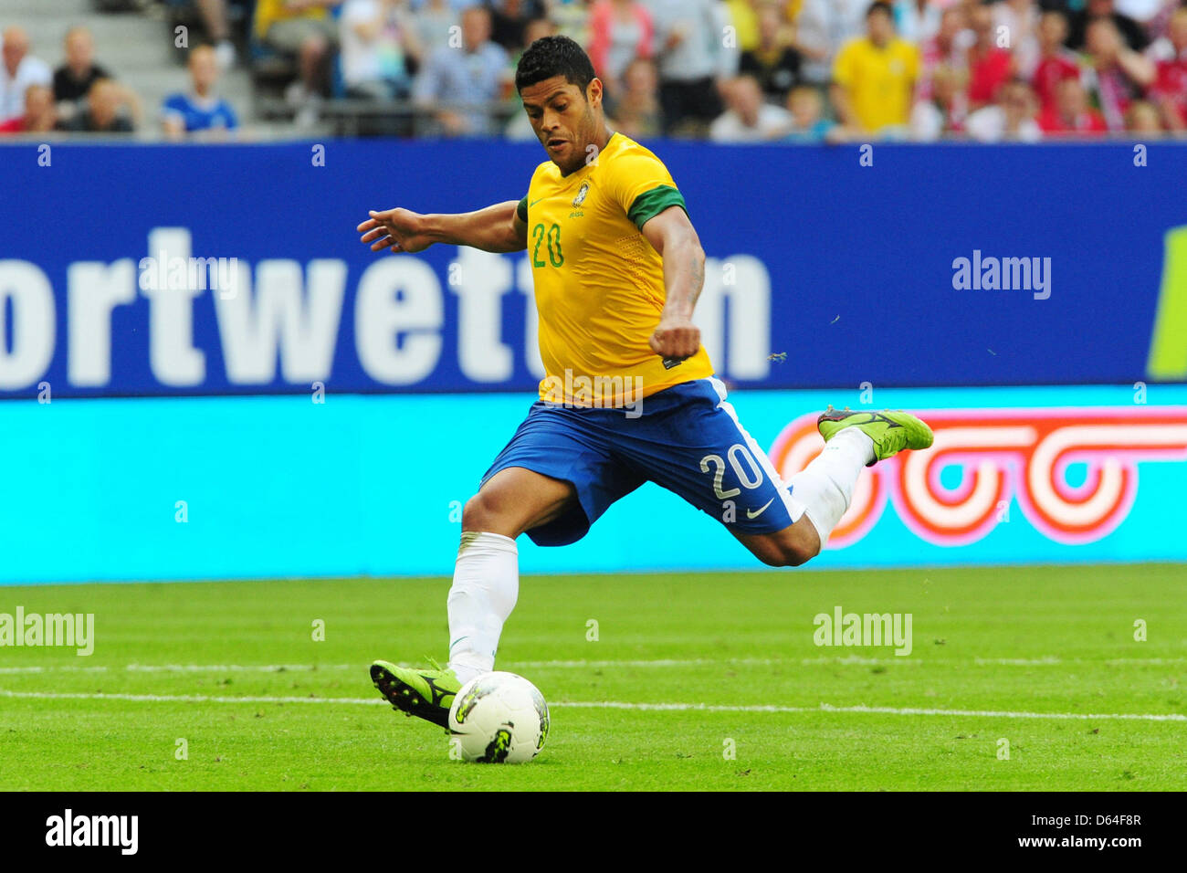 Brazil's Hulk scores the 3-0 goal during the international friendly soccer match between Denmark and Brazil at Imtech Arena in Hamburg, Germany, 26 may 2012. Photo: Revierfoto Stock Photo