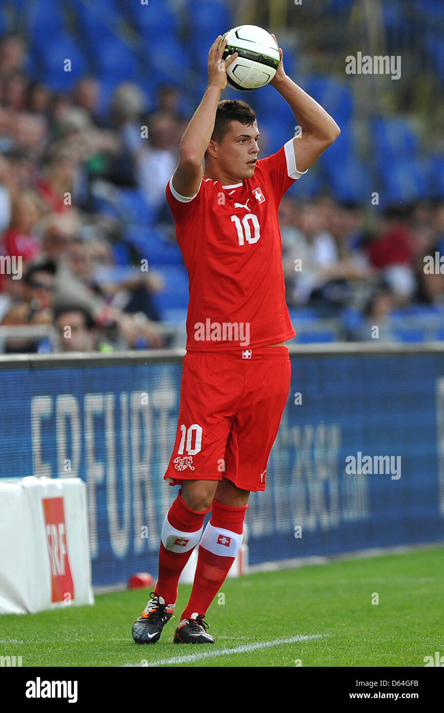 Granit Xhaka of the Swiss national soccer team is pictured during the soccer match between Germany and Switzerland at St Jakob Park in Basel, Switzerland, 26 May 2012. Photo: Revierfoto Stock Photo