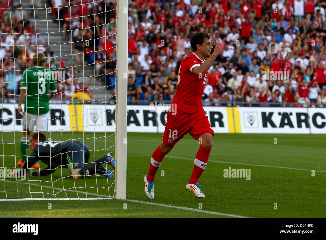 Switzerland's Admir Mehmedi celebrates the 3-1 goal during the international friendly soccer match between Switzerland and Germany at St. Jakob Park in Basel, Switzerland, 26 May 2012. Photo: Revierfoto Stock Photo