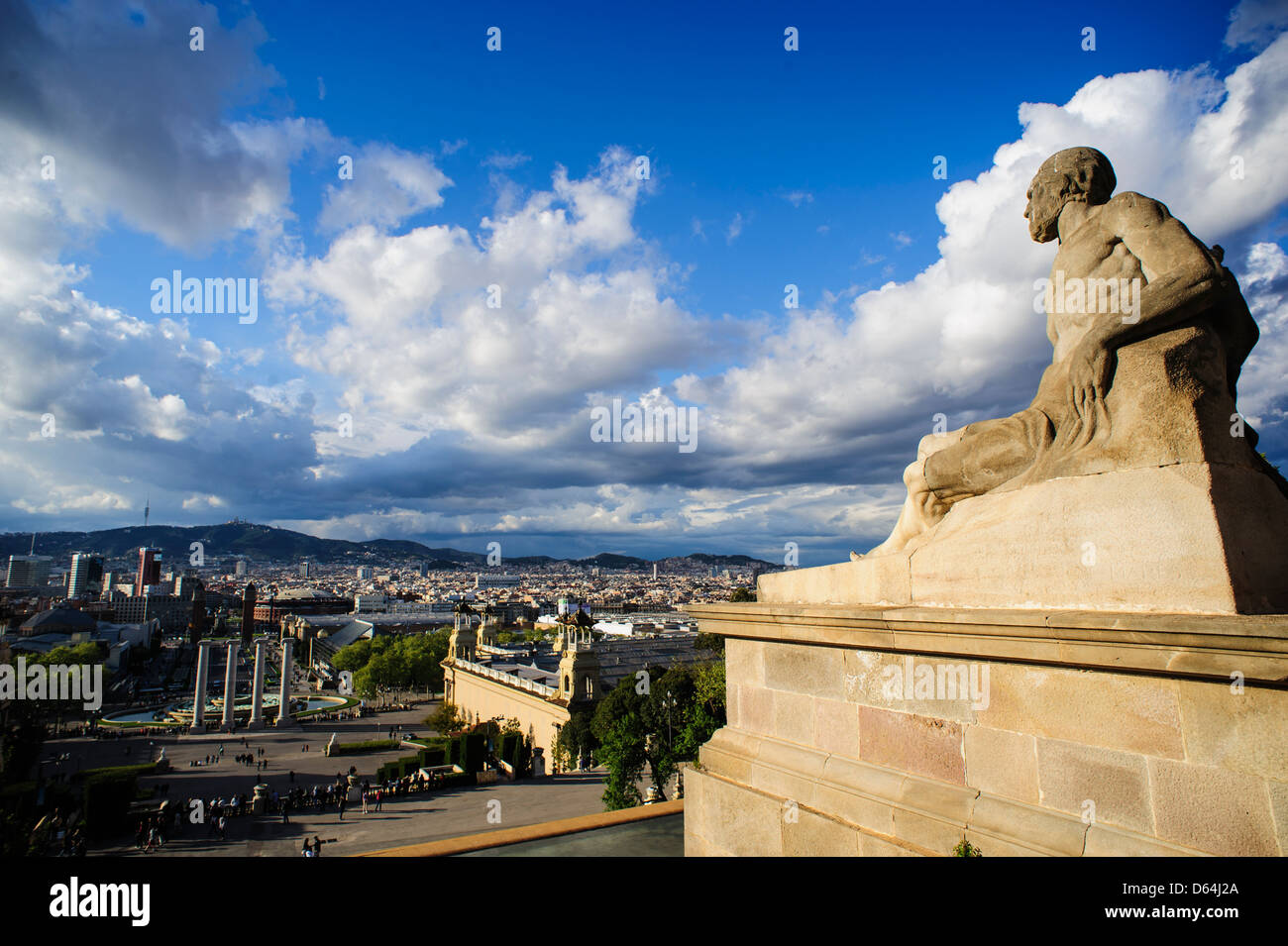 Statue at the top of Montjuic with views to Plaza España, Barcelona ...