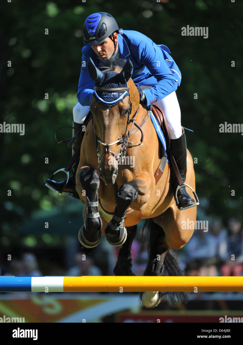 Alvaro Alfonso de Neto Miranda, Brazil, husband of Athina Onassis, jumps with his horse AD Rahmannshof Bogeno during the Global Champions Tour equestrian in Wiesbaden, Germany, 26 May 2012. Photo: Arne Dedert Stock Photo