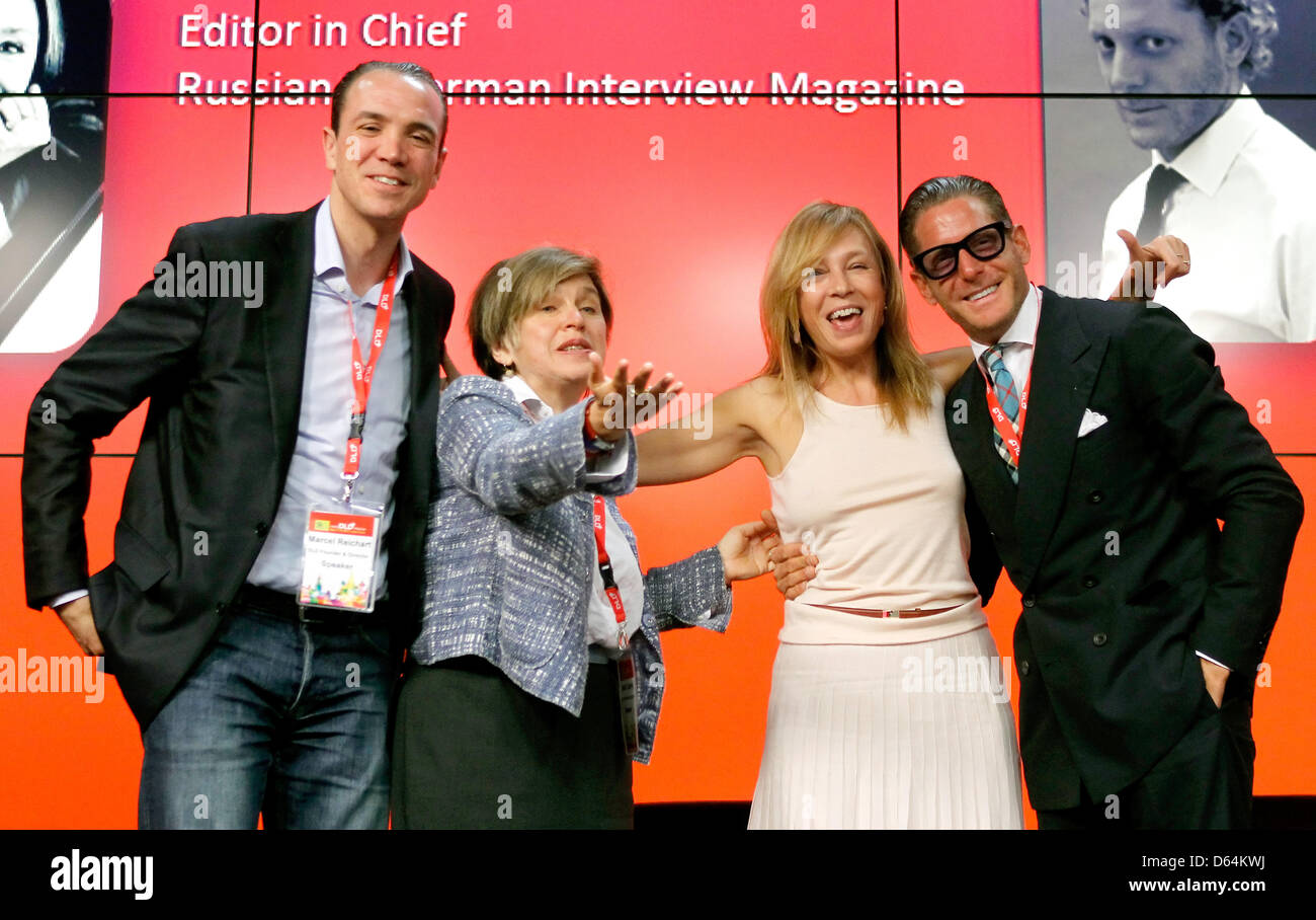 Marcel Reichart (L-R), Managing Director and Co-Founder of DLD, Steffi Czerny, Managing Director at Hubert Burda Media R&D and Co-founder of DLD, Aliona Doletskaya, Editor in Chief of Russian and German Interview (magazine), and Italian fashion designer Lapo Elkann take part in the DLD Conference 2012 in Moscow, Russia, 29 May 2012. DLD Moscow wants to provide an interdisciplinary  Stock Photo
