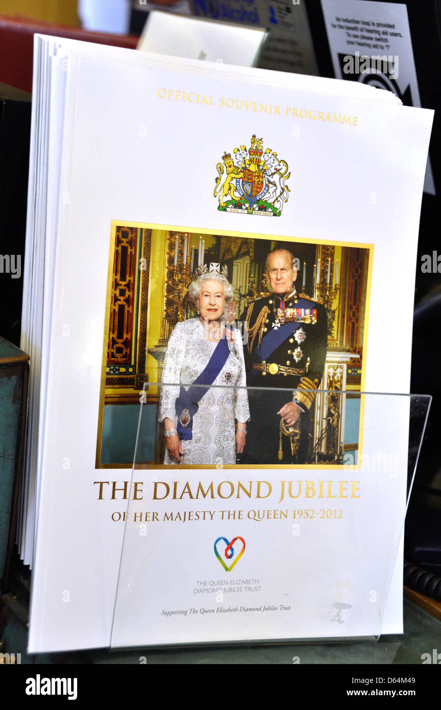 A flyer for the British Queens diamond jubilee is pictured at a souvenir stand at the Palace of Holyroodhouse in Edinburgh, Scotland, 26 May 2012. Elizabeth was proclaimed Queen on 6 February 1952, the death day of King George VI. From 2 until 5 June 2012, the official celebrations for the Queens 60th jubilee in office are held in London, England. Photo: Cordula Donhauser Stock Photo