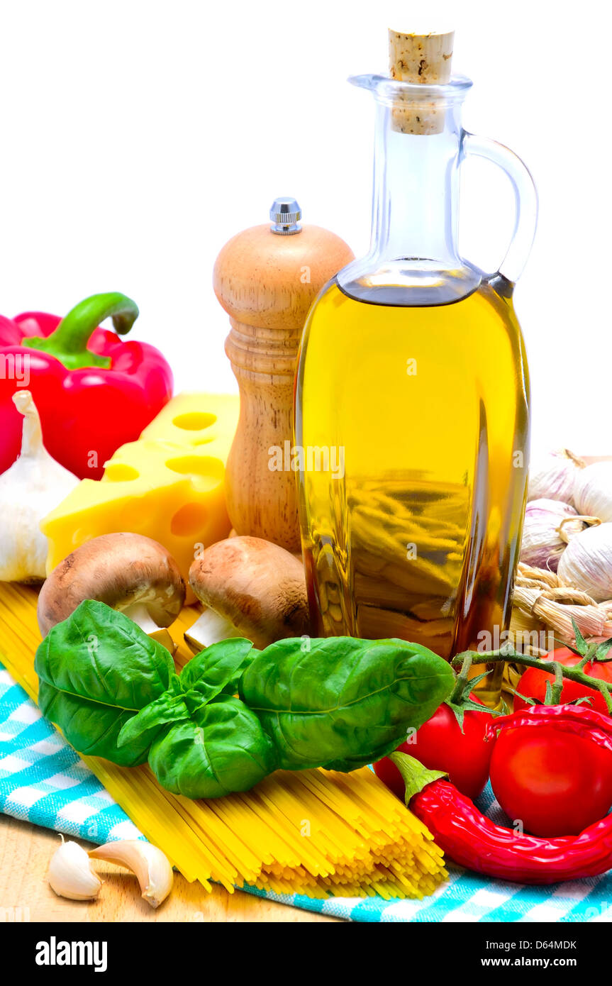 still life with traditional italian pasta ingredients Stock Photo