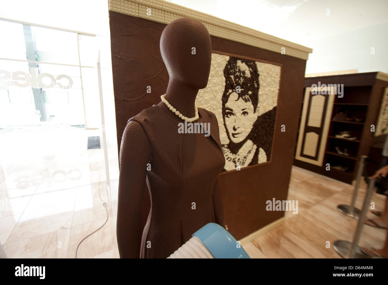 Adelaide, Australia. 12th April 2013. A mannequin and a life size walk in closet made from 100KG dark chocolate and 100KG milk chocolate  by food artist and British chocolate maker Prudence Staite for the reopening of Adelaide's Rundle Mall. Credit: amer ghazzal / Alamy Live News Stock Photo