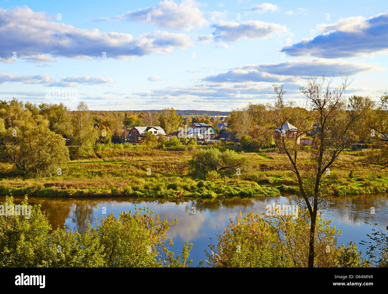 Russian small village at the Moscow-river. Sunny day Stock Photo
