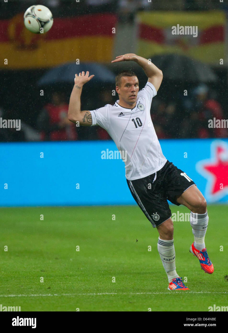 Germany's Lukas Podolski during the international friendly soccer match Germany vs Israel at Red Bull Arena in Leipzig, Germany, 31 May 2012. Photo: Jens Wolf dpa Stock Photo