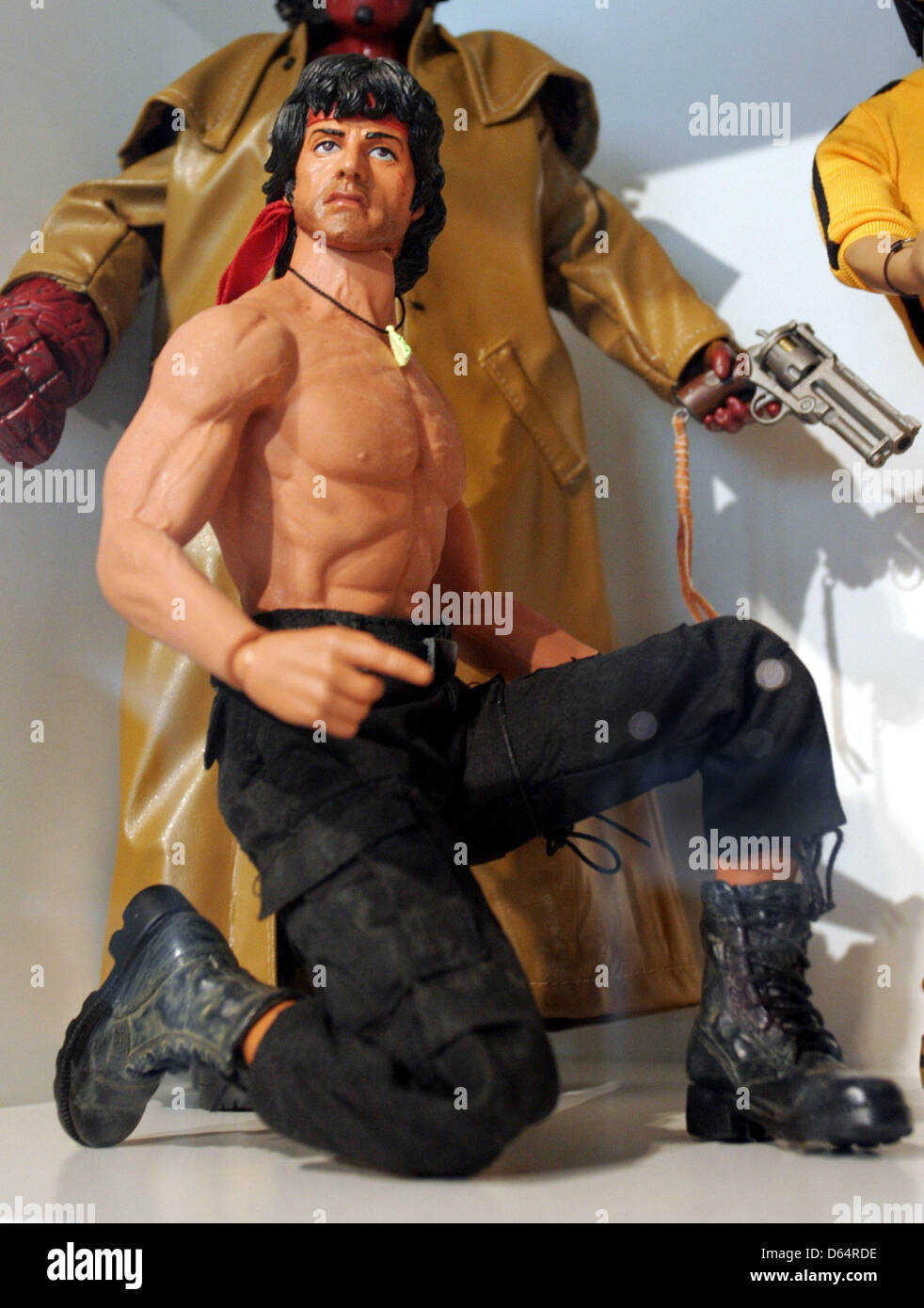 A figurine of Sylvester Stallone is features at the exhibition 'Art & Toys' with items of the collection of Selim Varol at the gallery me Collectors Room in Berlin, Germany, 24 May 2012. Photo: XAMAX Stock Photo