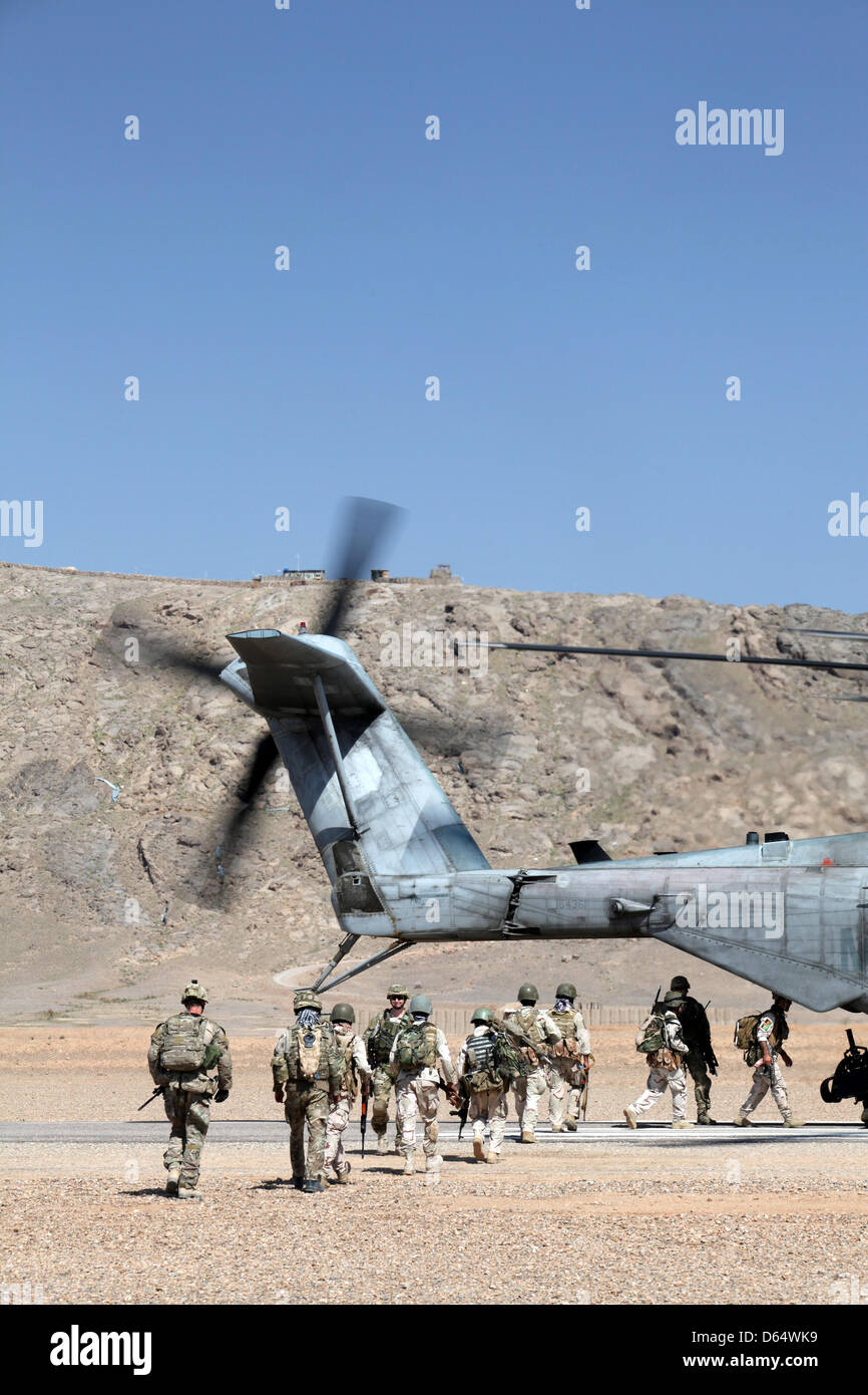 US Marine Corps CH-53E Super Stallion helicopter board a joint military operation of US, British and Afghan forces April 11, 2013 in Helmand province, Afghanistan. Stock Photo