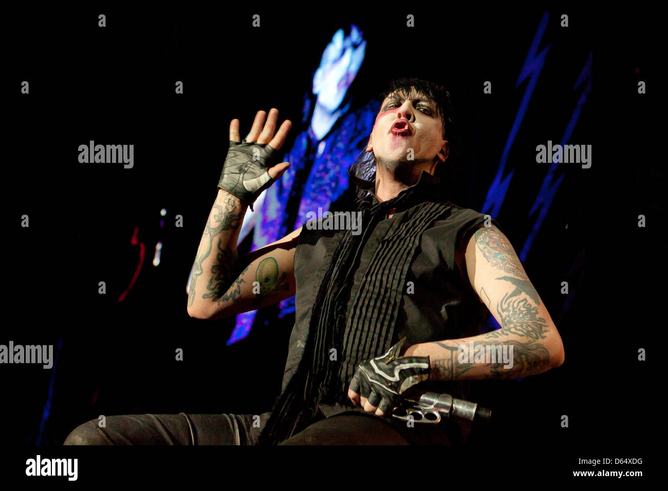 US singer Marilyn Manson performs on stage at the music festival Rock im Park at Zeppelinfeld in Nuremberg, Germany, on early 04 June 2012. Up to 70.000 fans of rock music are expected to attend the festival. Photo: DANIEL KARMANN Stock Photo