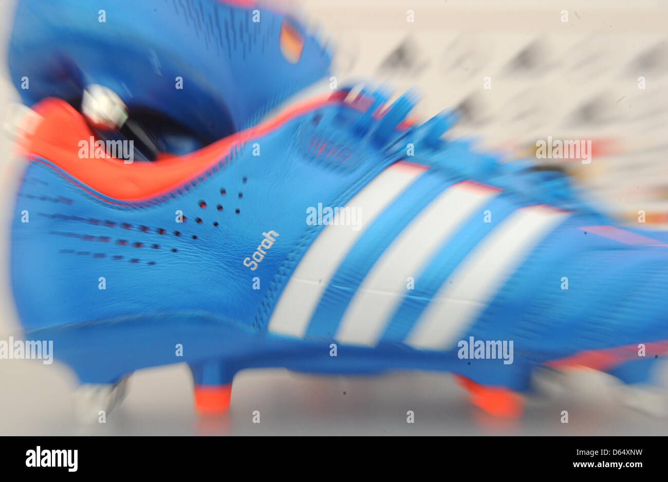 Bastian Schweinsteiger's soccer shoes stand on a table during a press  conference of Adidas at hotel Dwor Oliwski in Gdansk, Poland, 6 June 2012.  The UEFA EURO 2012 will take place from