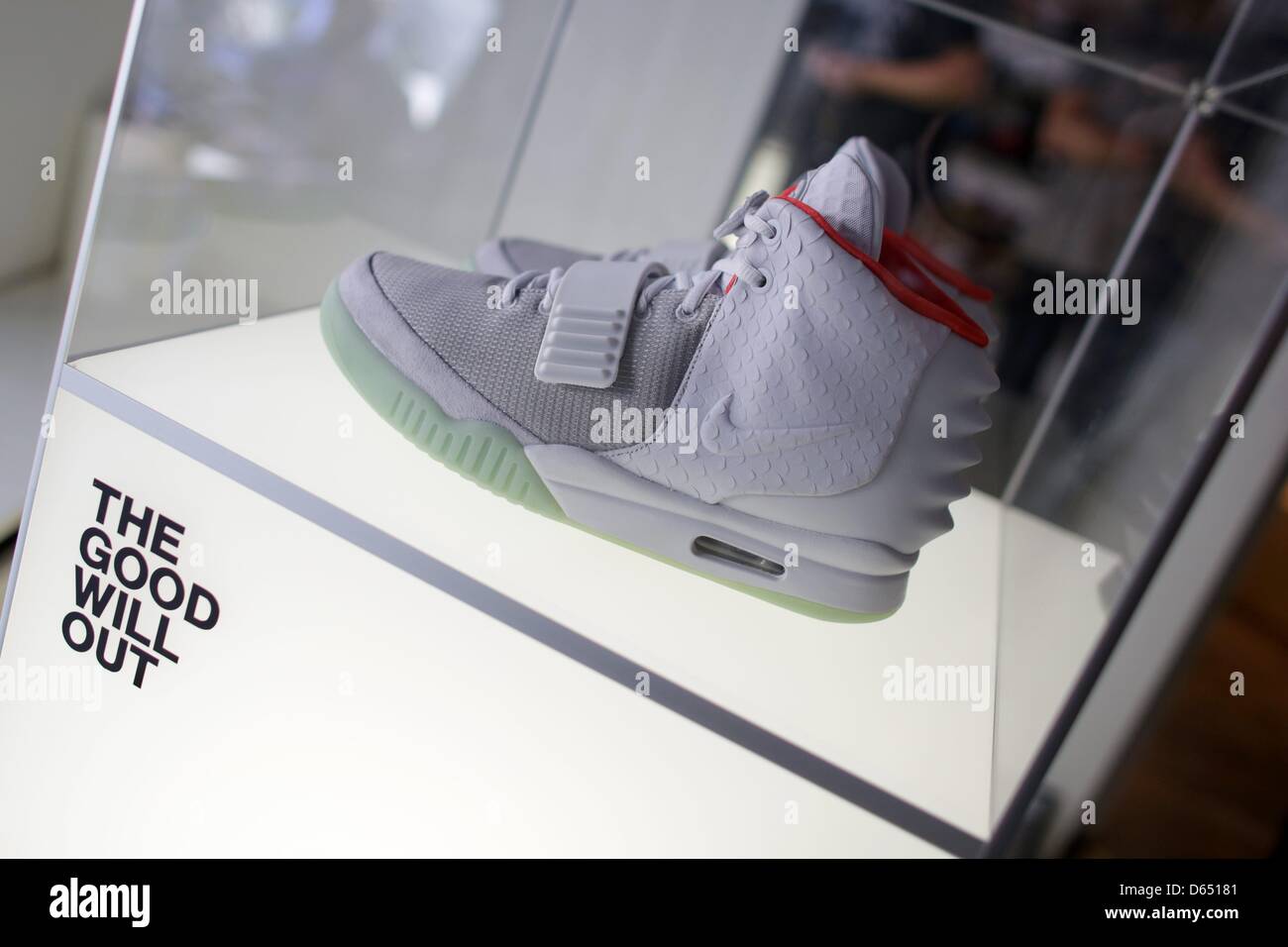 The Nike Air Yeezy II is displayed at "The Good Will Out" sneaker store in  Cologne, Germany, 08 June 2012. American rapper Kayne West developed the  sneaker with Nike. People have been