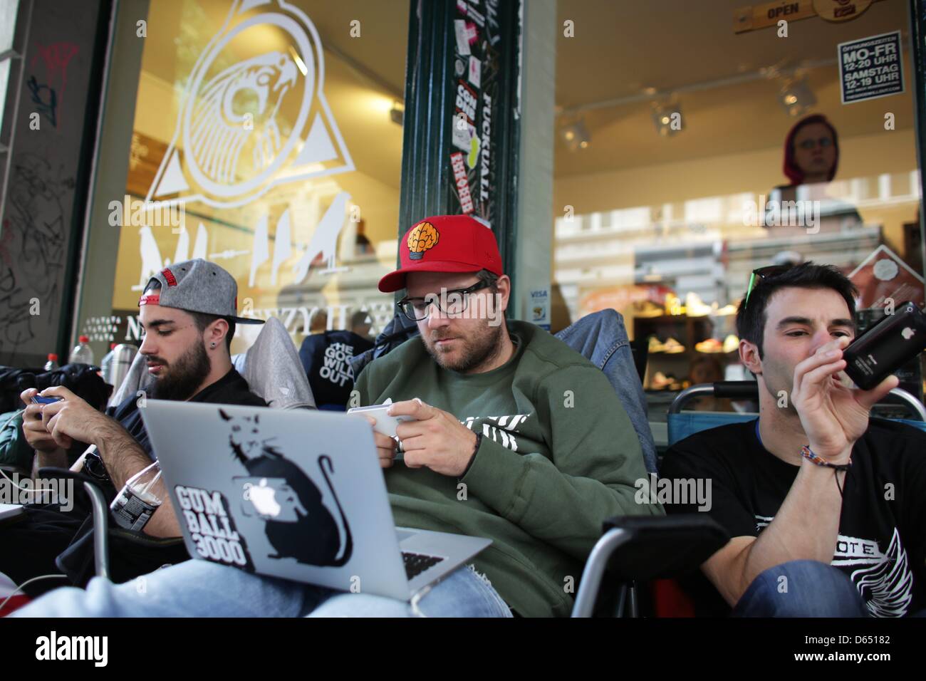 Fans camp outside of "The Good Will Out" sneaker store in Cologne, Germany,  08 June 2012. American rapper Kayne West developed the sneaker with Nike.  People have been camping outside of the