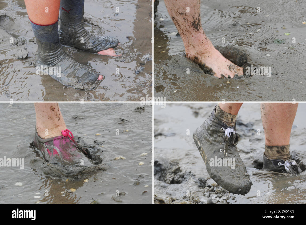 COMPOSITE PICTURE - A composite picture dated 09 June 2012 shows the shoes of people walking across the mudflats of the wadden sea between Nessmersiel and the island of Baltrum during stong wind and rains at the North Sea coast near Baltrum, Germany. Meteorologists predict changing weather for the coming few days. Photo: JULIAN STRATENSCHULTE Stock Photo