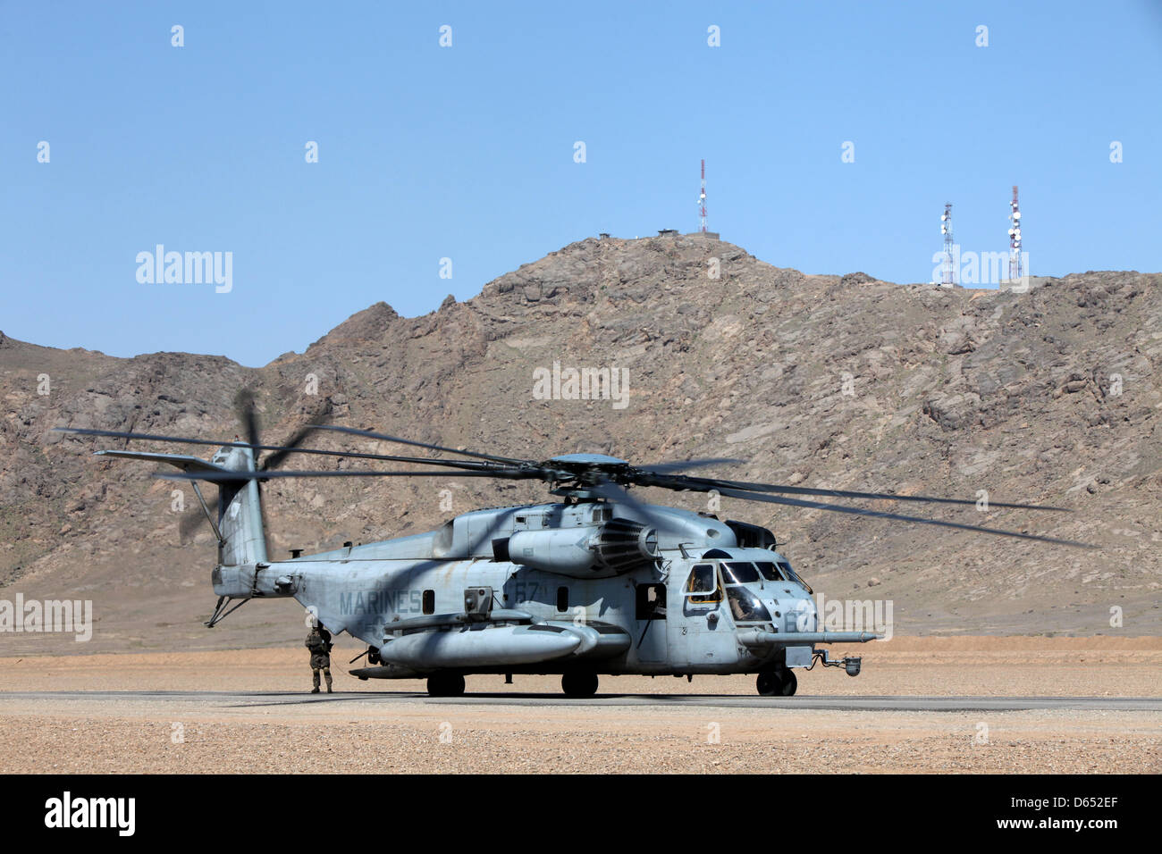 US Marine Corps CH-53E Super Stallion helicopter board a joint military operation of US, British and Afghan forces April 11, 2013 in Helmand province, Afghanistan. Stock Photo