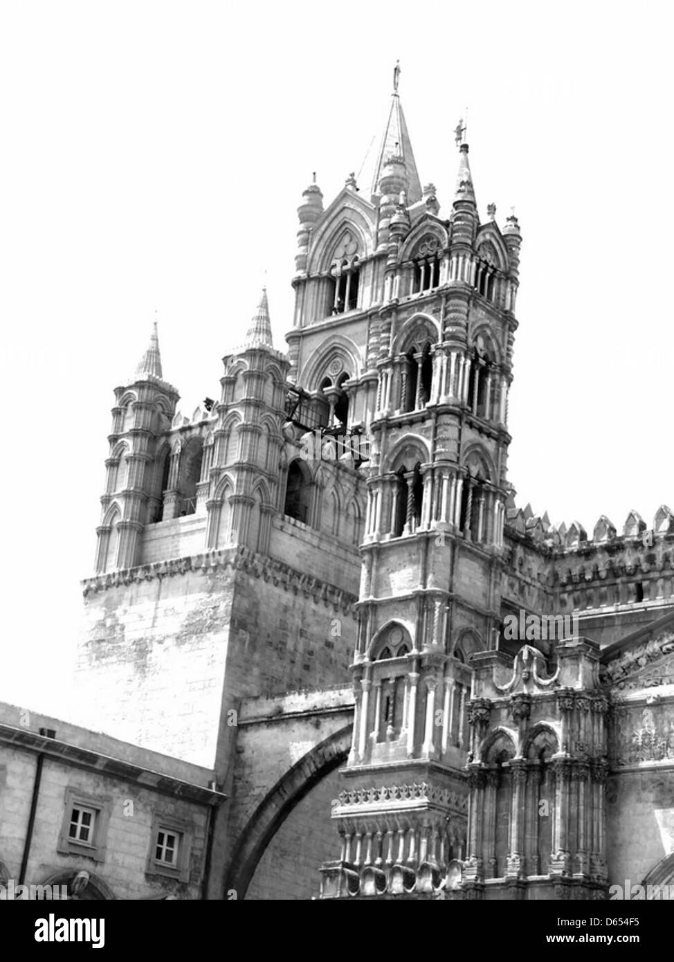 The Palermo Cathedral in Sicily, Italy, is captured in black and white ...