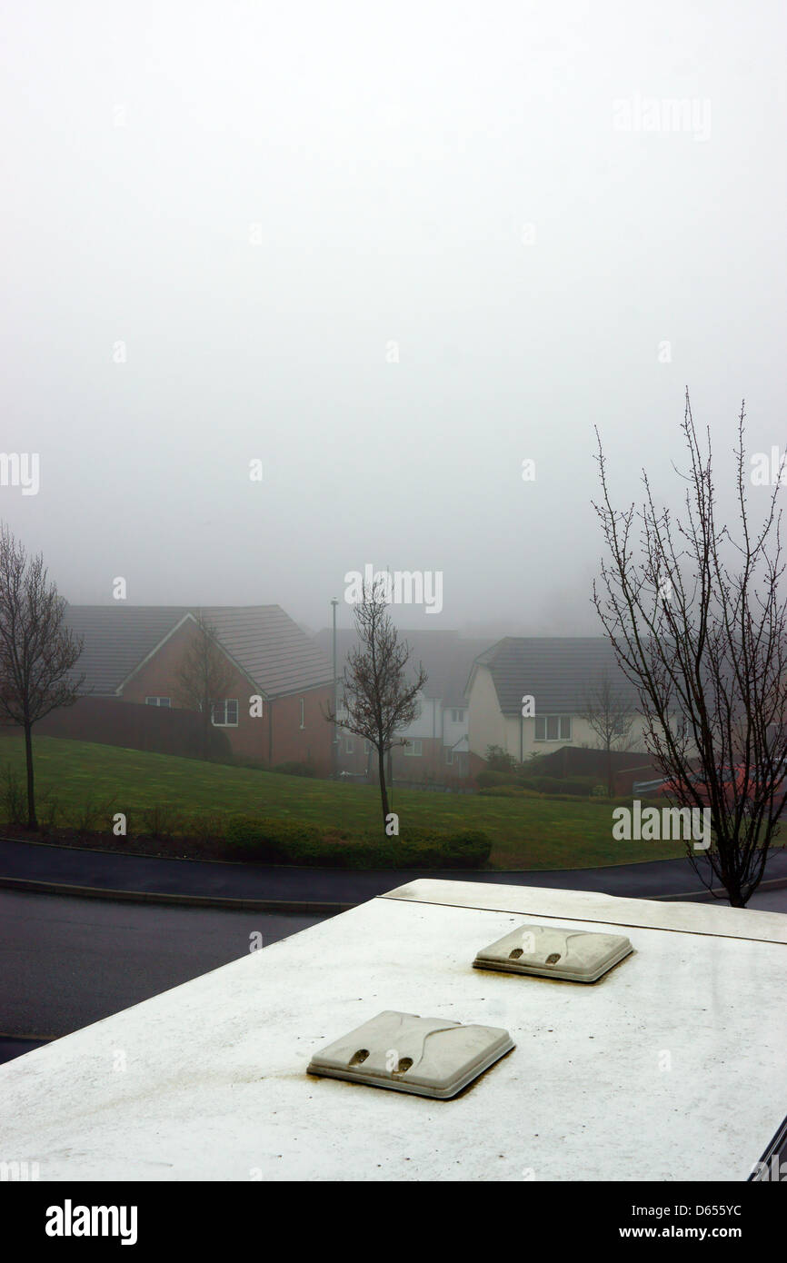 fog mist haze carven hastings trees pavement road Stock Photo