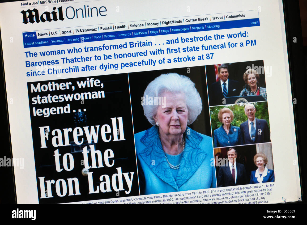 The death of Margaret Thatcher announced on the website of the Daily Mail newspaper. Stock Photo